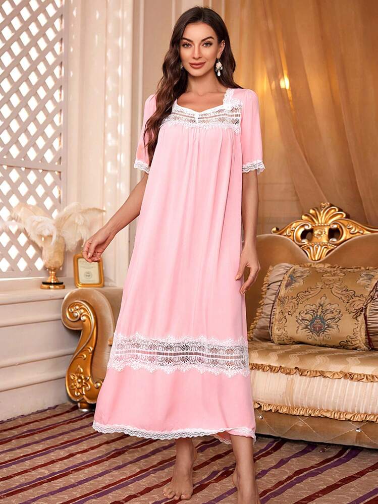 nighty dress long Women Vintage Court Style Square Neck Elegant Long Nightgown, Pajama Nighty  Dress