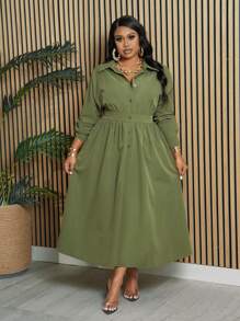 Slaydiva Plus Size Elegant & Commuting & Daily Wear Half-Opening Green Shirt Style Long Dress With Waist Belt, Spring & Autumn - Army Green - View 7