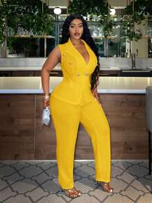 Slaydiva Bộ Vest Và Quần Plus Size, Màu Trơn - Màu vàng - Xem 4