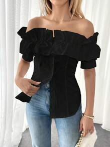 Breezaya Women's Summer Off-Shoulder Solid Color Single-Breasted Ruffled Blouse