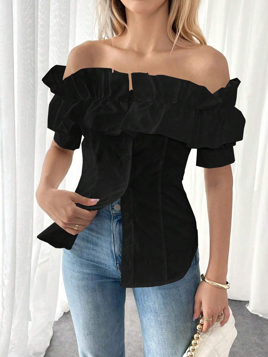 Breezaya Women's Summer Off-Shoulder Solid Color Single-Breasted Ruffled Blouse