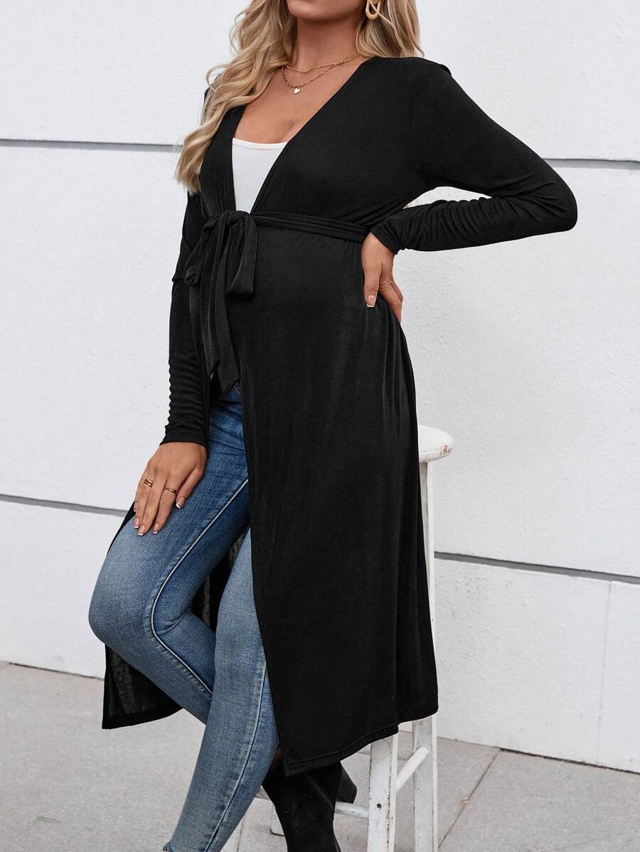 SHEIN Maternity Casual Long Sleeve Thin Loose Knit Cardigan & Jacket, Medium Length - Black - View 1