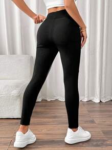 SHEIN Frenchy Quần legging phối PU lót nhiệt giữ nhiệt cho nữ - màu đen - Xem 2