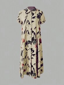 Vestido camisa de manga larga con estampado de lino para mujer - Multicolor - Ver 4