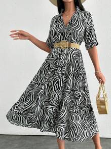 RueChic Smoke Dress With Zebra Pattern And Ruffle Hem, Short Sleeves, V Neck - Black - View 4