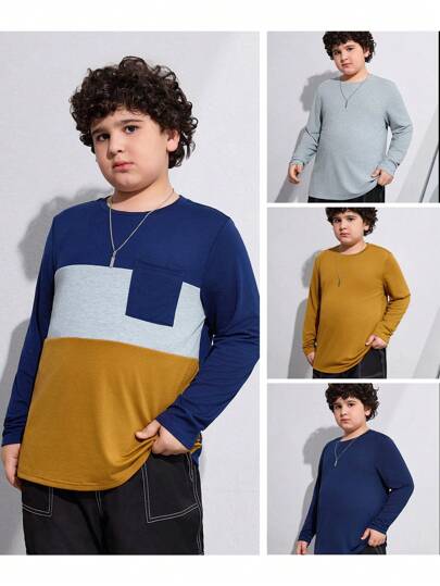 SHEIN Tween Boys Extended Size Regular Long Sleeve T-Shirt 4pcs Set, Fall/Winter