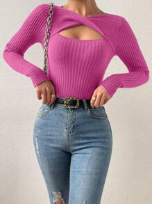RosyDaze Solid Color Hollow-Out Twist Front Long Sleeve Sweater Pullover, Knit Pullover Fall Winter - Hot Pink - View 5