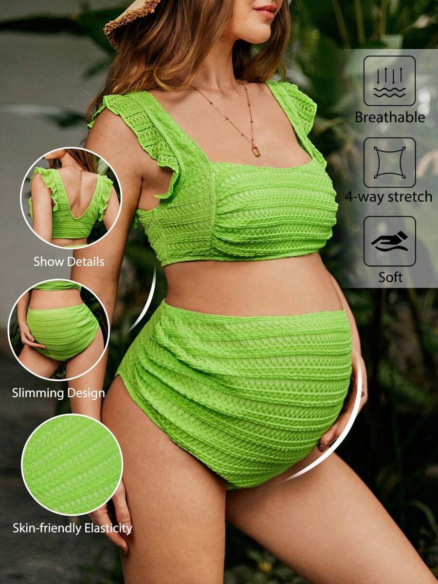 SHEIN 孕婦夏季海灘純色方領褶皺比基尼套裝，適用於度假 - 綠色 - 查看 1