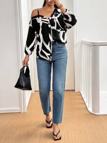 SHEIN Essnce Camicia asimmetrica in stile casual e di strada di nuova moda per donna, con bottoni, adatta per la primavera, l estate o l autunno, outfit da crociera o abbigliamento da insegnante