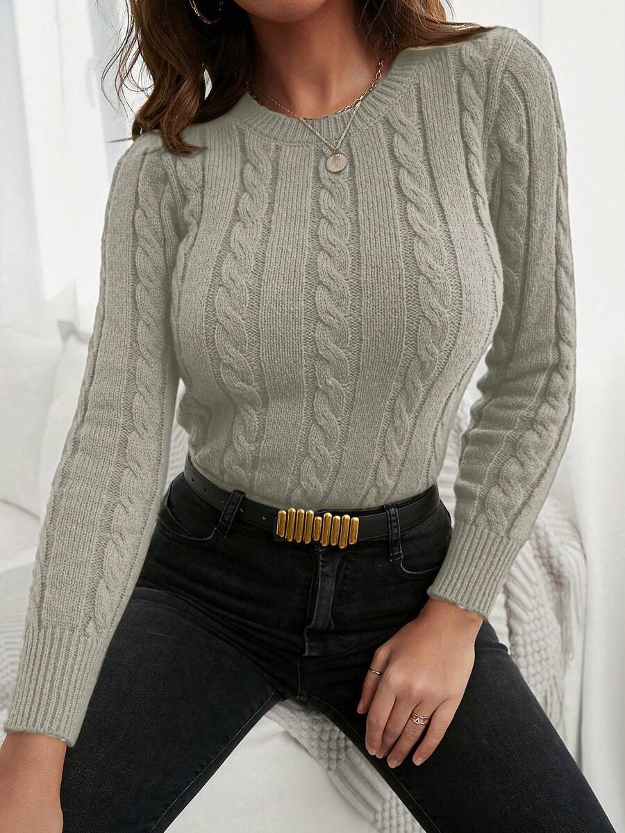 EURMUSE Áo len chui đầu dài tay ôm vừa vặn họa tiết cáp màu trơn cho nữ, Thu/Đông - Màu be - Xem 1