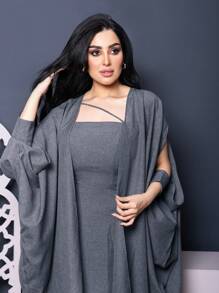 Al Najma Women's Solid Color Simple Daily Long Sleeve Jacket And Dress Two-Piece Set - Dusty Blue - View 5