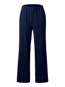 Women's Fashion Casual Versatile Solid Color Pocket Wide Leg Pants For Women - Navy Blue - View 3
