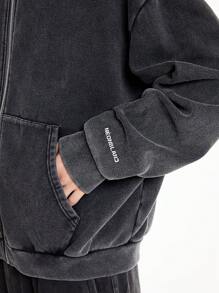 Manfinity RebelGame Sweat-shirt à capuche avec fermeture éclair pour homme, Streetwear tricoté avec Logo de flocon de neige imprimé, surdimensionné, épaules tombantes, pour automne/hiver - Noir - Voir 4