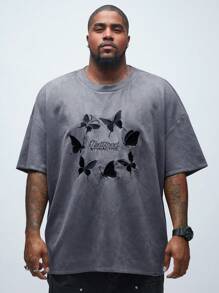 Manfinity VCAY Men's Plus Size Casual Loose Fit Butterfly Print Knitted Short Sleeve T-Shirt With Drop Shoulder Design And Round Neckline, Suitable For Summer - Dark Grey - View 1