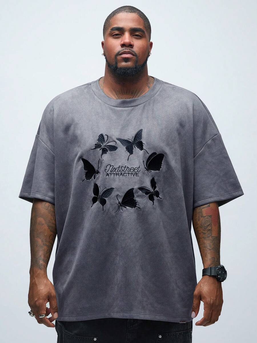 Manfinity VCAY Men's Plus Size Casual Loose Fit Butterfly Print Knitted Short Sleeve T-Shirt With Drop Shoulder Design And Round Neckline, Suitable For Summer - Dark Grey - View 1