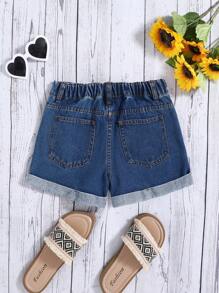 SHEIN 少女夏日波西米亞風向向向向向向向向是太陽花印花復古洗水寬鬆牛仔短褲，帶生邊 - 深色水洗藍 - 查看 2