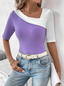 SHEIN Clasi Summer Women's Slim Fit Colorblock Asymmetrical Collar Short Sleeve T-Shirt
