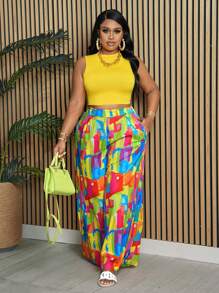Slaydiva Plus Size Elegant & Holiday Casual Net Yellow Sleeveless Vest And Wide Leg Pants, Color-Blocked Tie Dye Printed Women's 2-Piece Set, Pride, Summer,Holiday Outfits - Yellow - View 3