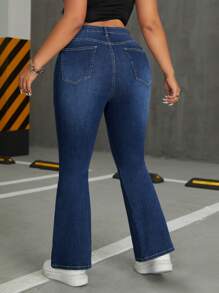SHEIN EZwear Quần Jeans Ống Loe Thường Ngày Có Túi Cỡ Lớn Cho Nữ, Quần Jeans Ống Loe Thường Ngày Có Túi - Rửa tối - Xem 2