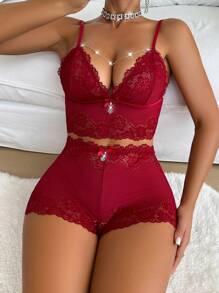Pearl Chain Embellished Sexy Lace Cami And Shorts Pajama Set