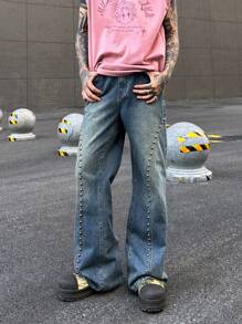 Manfinity Roghcode Y2K Vintage Street Style Herren dunkelblau retro ausgewaschene Metal Nieten ausgestellte Jeans, verblasst, weit ausgestellt, ideal als Geschenk für Ehemann oder Freund - Dunkle Waschung - Übersicht 3