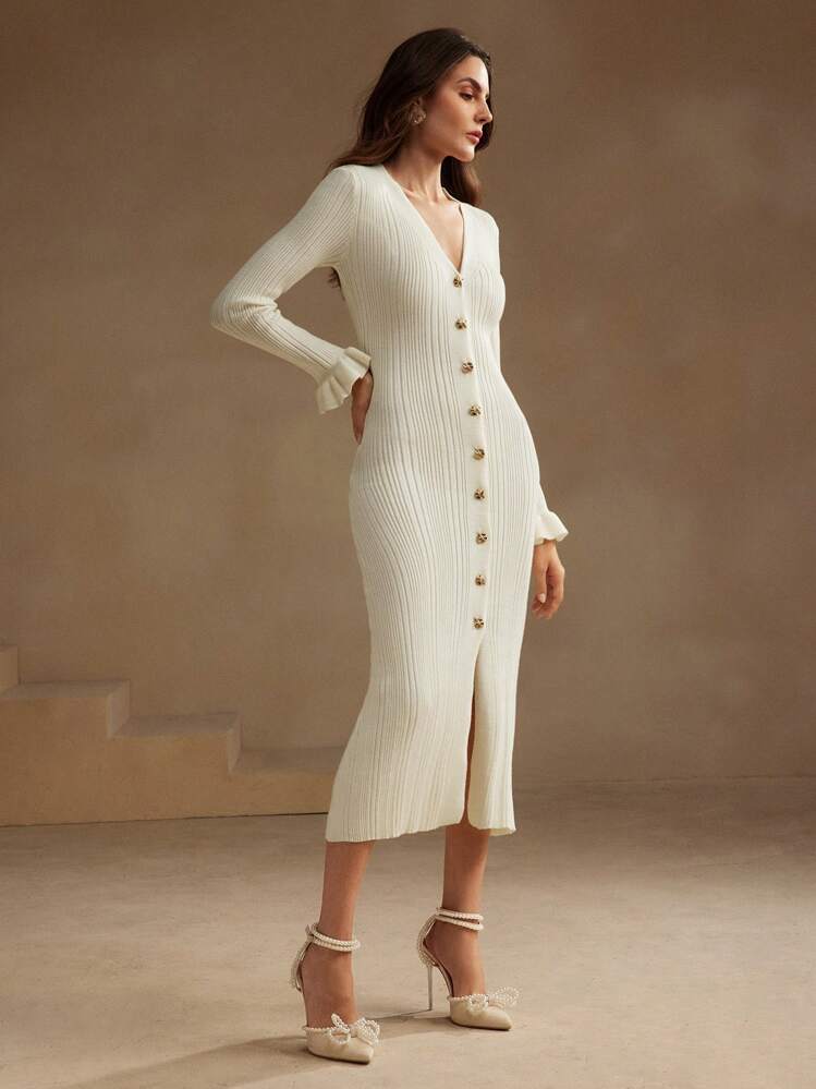 Anewsta Elegant Solid Color V-Neck Long Sleeve Fitted Maxi Dress With Frill Trim And Side Slit For Women, Autumn/Winter - Apricot - View 1