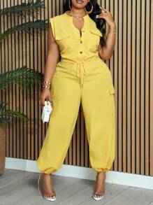 Slaydiva Plus Size Elegant & Daily Wear V-Neck Sleeveless Jumpsuit, Yellow. Featuring Drawstring Waist, Zipper Placket, Workwear Pockets, And Adjustable Cuffed Hem, Perfect For Spring/Summer. - Yellow - View 7