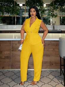 Slaydiva Bộ Vest Và Quần Plus Size, Màu Trơn - Màu vàng - Xem 3