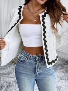 Chiquease Women's Plaid Long Sleeve Tweed Jacket With Ribbon Patchwork, Elegant And Charming - White - View 5