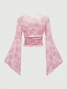 Floral Print Flounce Sleeve Ruched Top - Pink - View 3