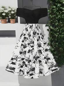 Mulvari Plus Size Color-Block Allover Print Off-Shoulder Dress For Women, Summer - Multicolor - View 1