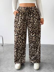 SHEIN EZwear Plus Size Leopard Print Loose Wide Leg Pants - Multicolor - View 4