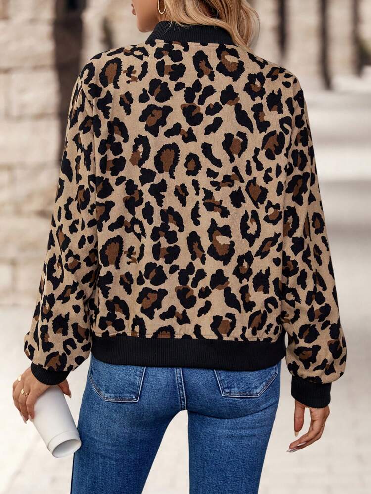 Women's Button-Up Baseball Collar Leopard Print Long Sleeve Jacket, Daily Casual Chic