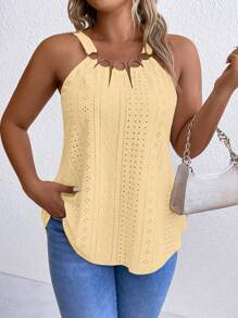 SHEIN LUNE Plus Size Women's Solid Color Circle Link Casual Tank Top, Summer - Yellow - View 3