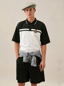 Manfinity RebelGame Men's Patchwork Loose Short Sleeve Polo Set, Perfect For Summer,Back To School,Back To School