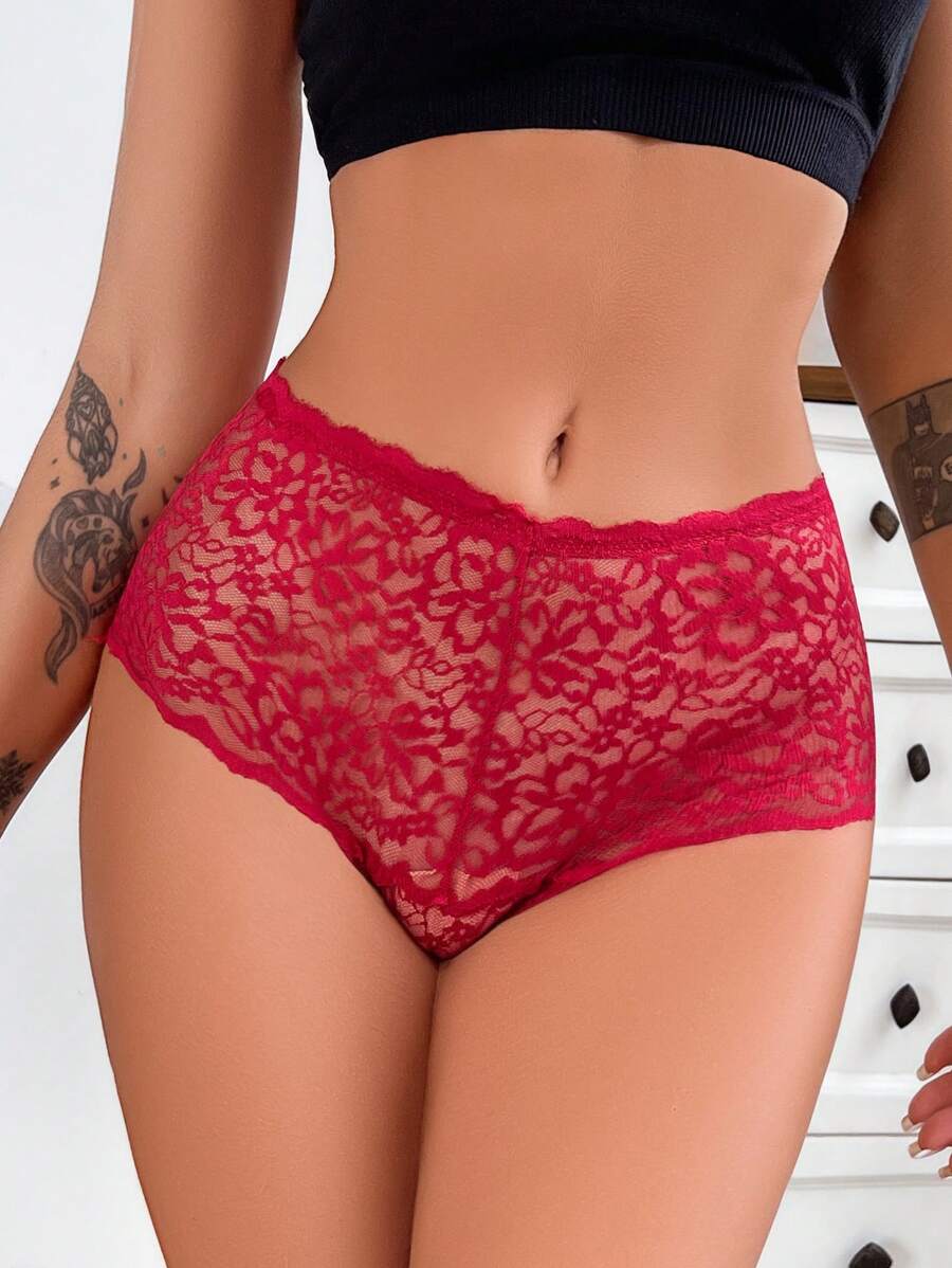 女士實色蕾絲三角褲，1入組 - 紅色 - 查看 1