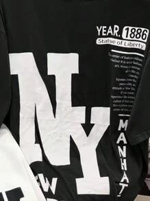 SHEIN 青少年男孩休閒寬鬆舒適百搭印花短袖上衣與短褲套裝 - 黑與白 - 查看 4