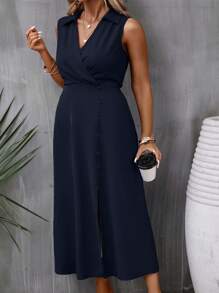 Flirla Đầm không tay quấn cổ chéo màu trơn cỡ lớn - Màu xanh hải quân - Xem 1