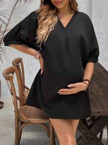 SHEIN Vestido negro de verano casual para mujeres embarazadas con escote en V