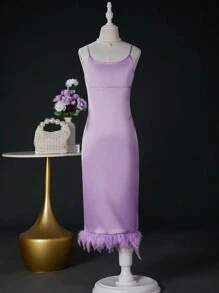 SHEIN 婚禮季節女孩無肩帶包覆式閃亮緞面羽毛拼接中長禮服，適用於婚禮、舞會、生日派對 - 紫色 - 查看 3
