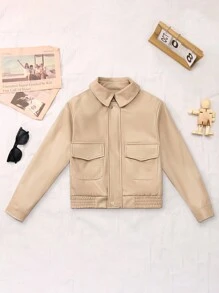 Tween Girl Solid Color Jacket With Pockets, Long Sleeve Fashion Outwear