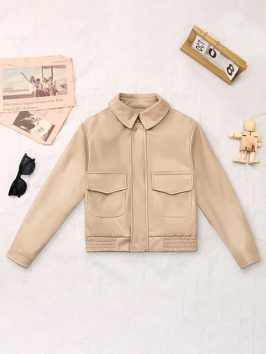 Tween Girl Solid Color Jacket With Pockets, Long Sleeve Fashion Outwear