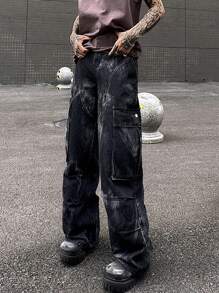 Manfinity Roghcode Y2K復古街頭風格男款黑牛仔工裝寬鬆牛仔褲 - 黑色 - 查看 5