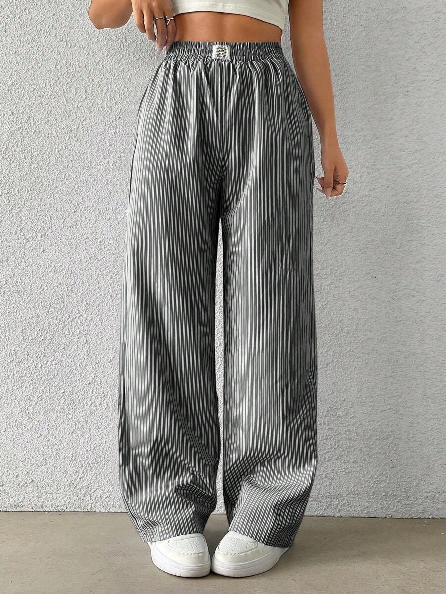 Flirla Casual Striped Patch Details Loose Fit Straight Leg Trousers Fall Cloth For Women - Black - View 1