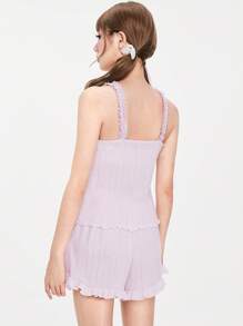 ROMWE Kawaii 柔軟舒適的女性蕾絲拼接針織背心和短褲睡衣套裝，皮膚友好透氣，配有蝴蝶結裝飾 - 彩色 - 查看 4