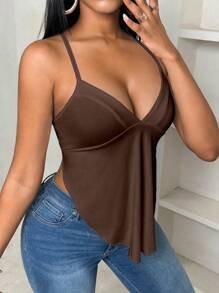 BamGleam 女士夏季純色不對稱下擺露背肩帶背心，配有綁帶背部設計 - 棕色 - 查看 4