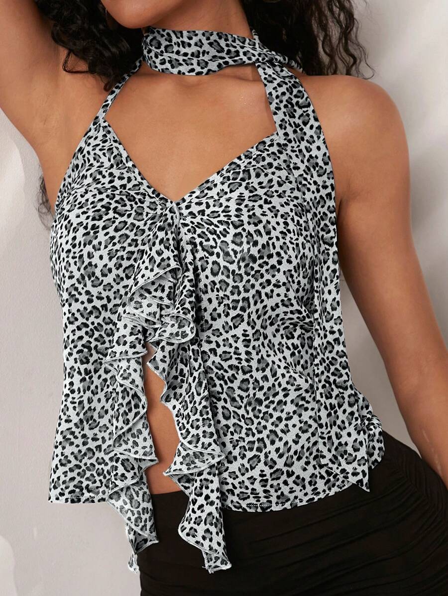 Opulessa Women's Leopard Print Ruffle Neck Halter Top For Vacation - Multicolor - View 1