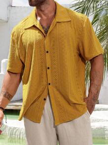 Manfinity Homme Men's Plus Size Boho Summer Casual Solid Color Hollow Out Embroidery Shirt, Vacation, Plain - Yellow - View 4