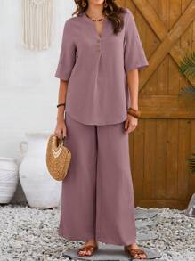 EMERY ROSE Bộ trang phục thường ngày 2 món áo thun cổ chữ V màu trơn mùa hè cho nữ và quần dài - Bụi hồng - Xem 4