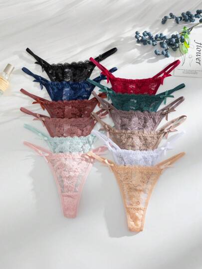 SHEIN Paquete de 12 bragas tipo tanga con encaje romántico y sexy para mujeres, lencería de colores surtidos